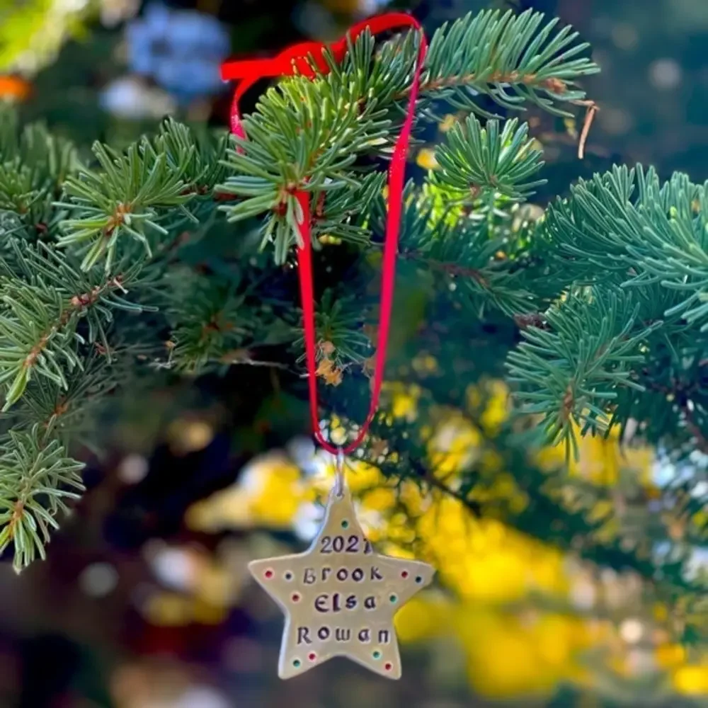Handmade personalized Star holiday Christmas red ribbon silver aluminum ornament